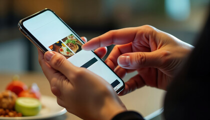 Closeup view of female hands browsing online food app menu on smartphone. Person searches for lunch options. Possible ordering delivery of meal. Food photos displayed on screen. Technology