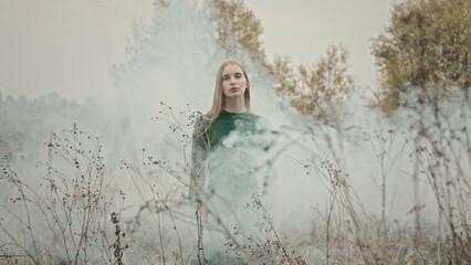 Fashion model posing in smoke and dry plants