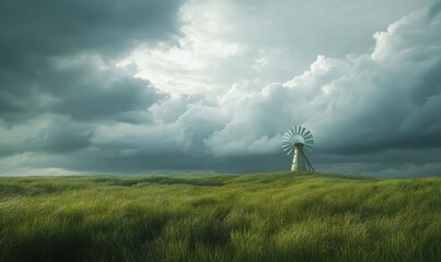 Obraz premium Solitary windmill on a grassy plain, dramatic storm clouds brewing in the distance.