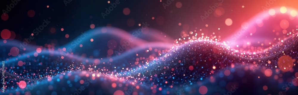 Poster abstract digital design with glowing particles. colorful glowing waves, glowing dots create futurist