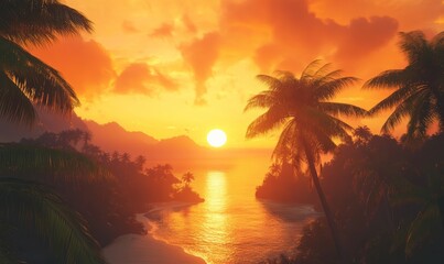 Sunset over a tropical island with lush palm trees silhouetted against the orange sky.