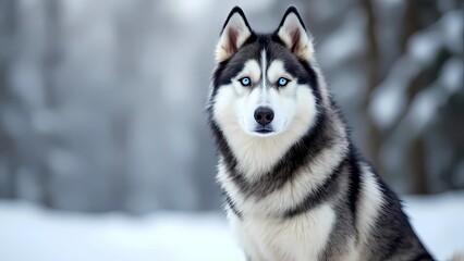 A Cheerful Siberian Husky Poses in the Snow, Showcasing Its Captivating Gaze and Regal Features in a Picturesque Winter Wonderland