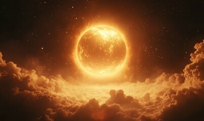 Space scene with planet rising above clouds, stars, and glowing cosmic light. Science fiction and astronomy background.