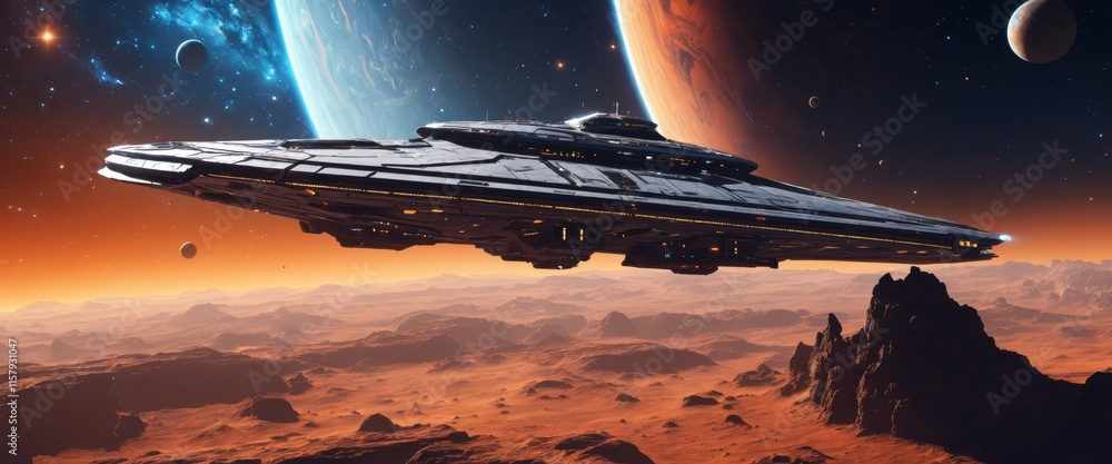 Poster futuristic spaceship hovering over alien desert planet with distant stars and planets