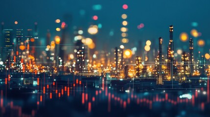 Obraz premium Night cityscape with refinery and financial data overlay.