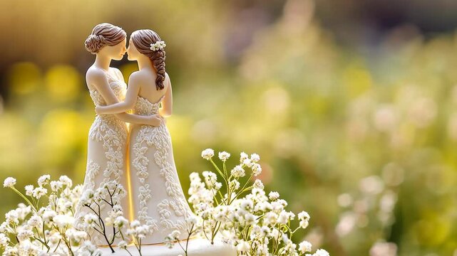 Two brides embrace in a beautiful outdoor setting adorned with delicate flowers during a summer celebration