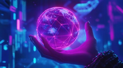 Hand holding glowing futuristic Earth globe.