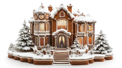 Intricate gingerbread house with snow, lights, and trees.