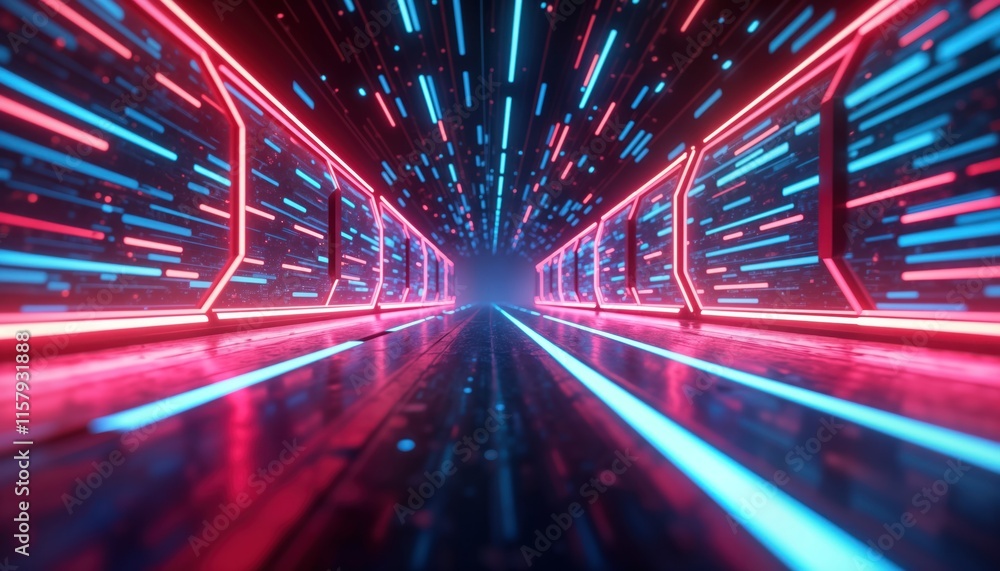 Poster futuristic neon tunnel with glowing lines. fast speed lines show motion. abstract tech design with b
