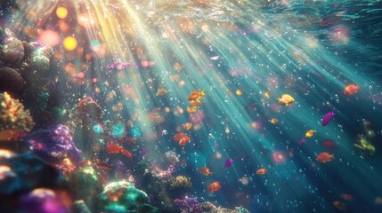 Fototapeta premium Underwater scene with sun rays, colorful fish, and coral reef.