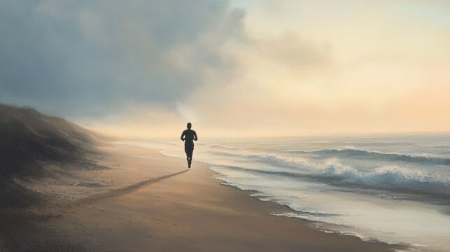 Silhouetted runner on a misty beach at sunrise.