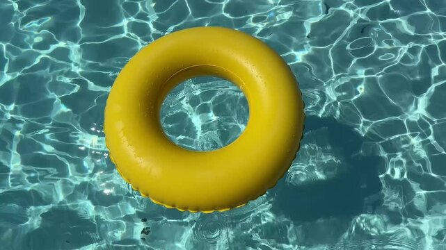A Top-Down View Of A Yellow Swimming Ring Gently Floating In The Calm, Clear Water Of An Empty Transparent Pool. The Bright Yellow Color Stands Out Against The Fresh, Inviting Water.