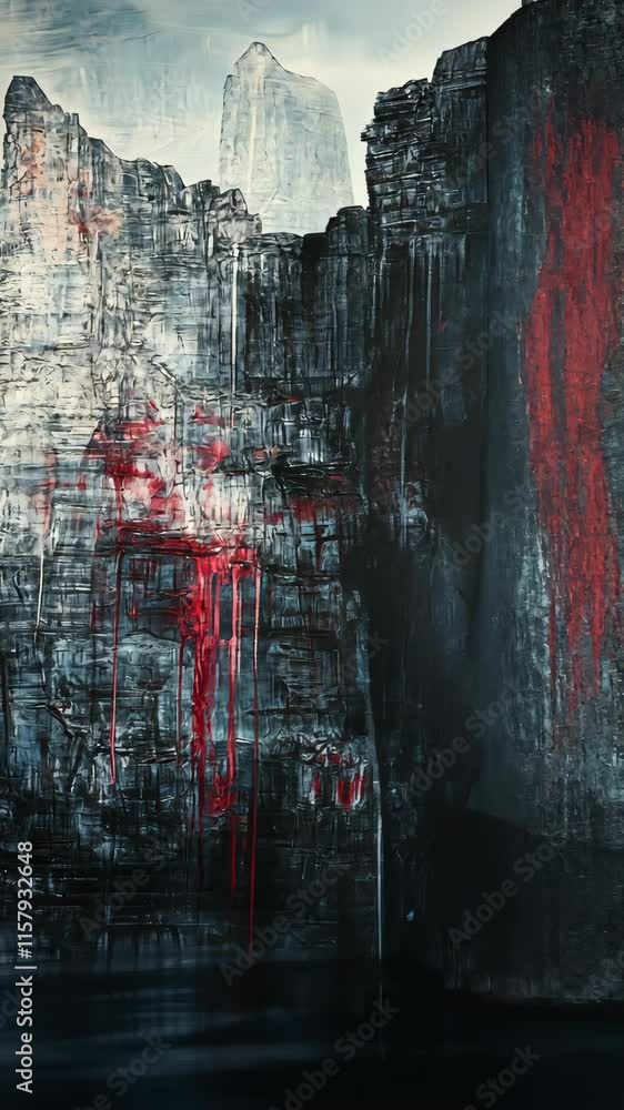 Poster dark wall with red streaks illustrating an abstract expression of emotion in a mysterious setting