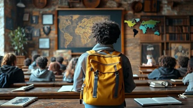 Student in a classroom looking at a map on the board