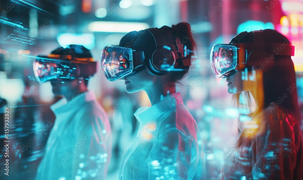 Poster startup team testing vr and ar applications, interactive holograms and wearable devices creating a f