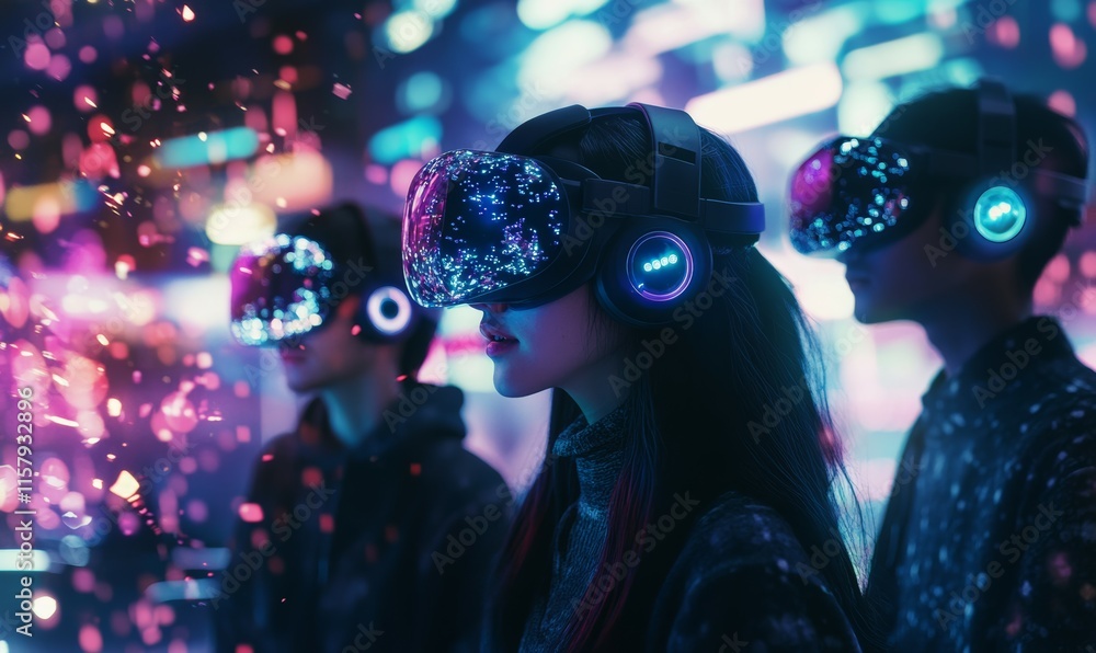 Poster startup team testing vr and ar applications, interactive holograms and wearable devices creating a f