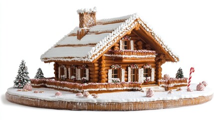 Fototapeta premium Intricate gingerbread house with snow, candy, and trees.