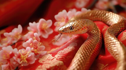 Obraz premium Generative AI of Snake with Cherry Blossoms Close-up for Traditional Holiday Photography, Chinese Festival Design, and Cultural Event Materials