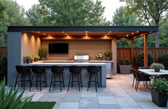Outdoor patio entertainment area with built-in barbecue, bar. Stylish counter space, grill. Modern furniture. Suitable for parties, dining, relaxation. Contemporary design. Wood accents. Backyard