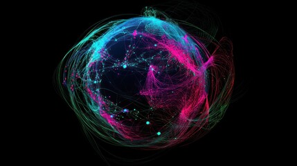 Abstract glowing sphere with swirling data streams.