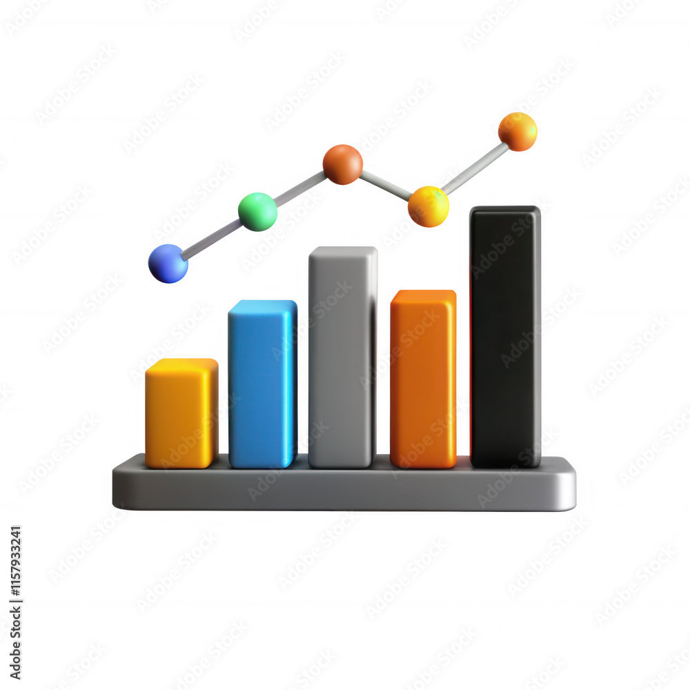 Poster a vibrant 3d bar graph featuring colorful bars and a line chart. it visually represents data analysi