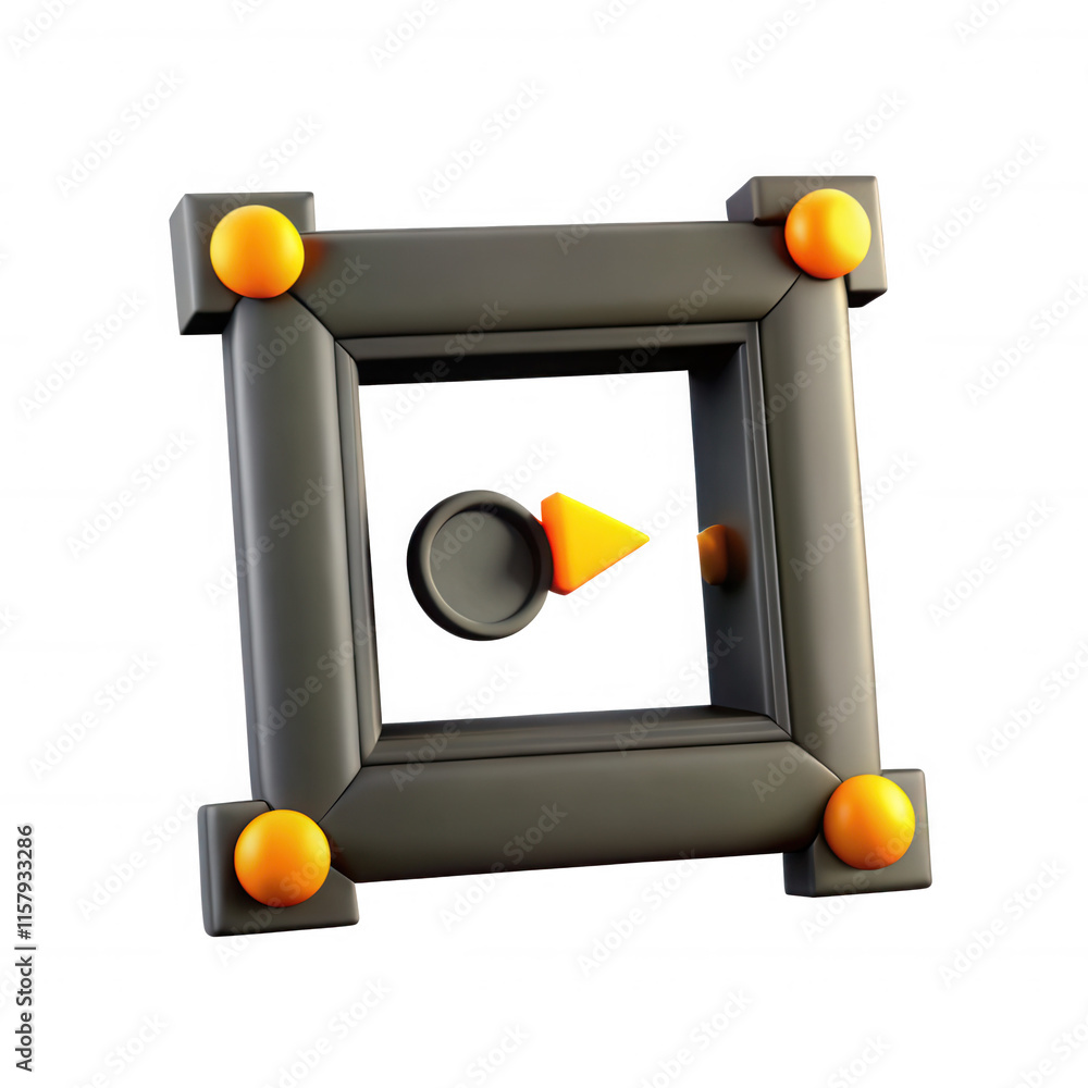 Poster A modern 3D model featuring a square frame with rounded corners and circular elements, colored in black and orange.