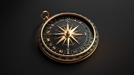 Antique gold compass on black background.