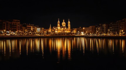 Obraz premium Night cityscape with illuminated church reflected in calm water.