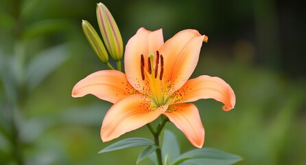 Fototapeta premium A vibrant orange lily flower in bloom with green buds.