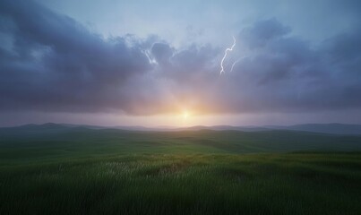 Fototapeta premium Stormy horizon over a prairie, dramatic lightning bolts illuminating the rolling plains.