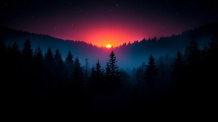 Naklejka premium Vivid sunset over silhouetted forest, misty mountains.