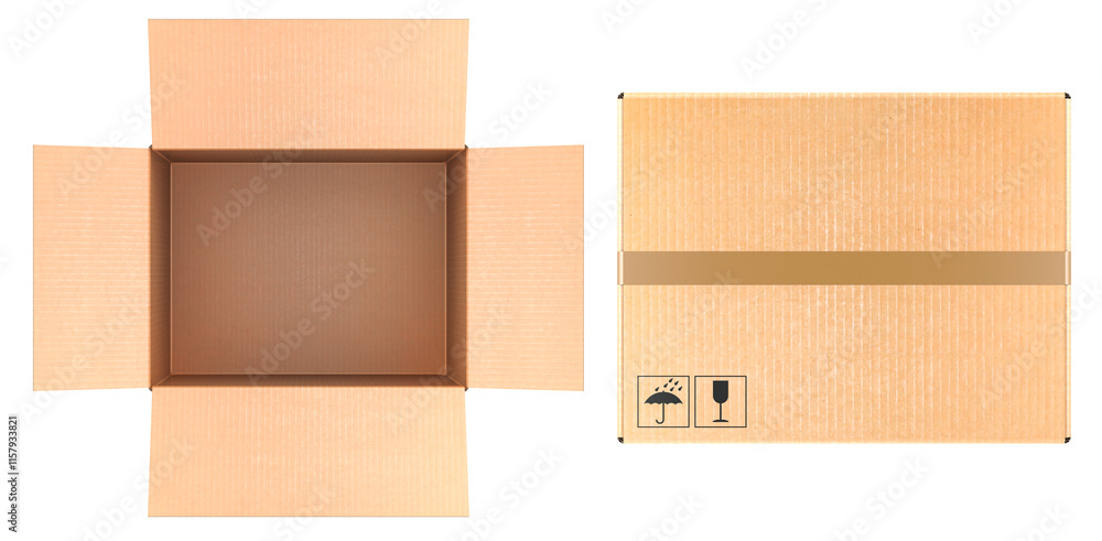 Poster opened empty parcel, cardboard box and closed parcel. 3d rendering isolated on transparent backgroun