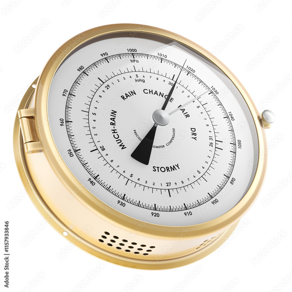 Poster golden barometer, analog barometer. 3d rendering isolated on transparent background