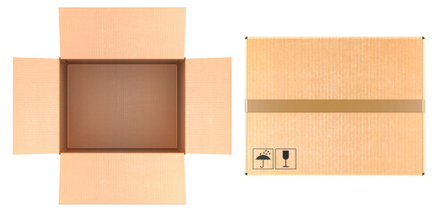 Opened Empty Parcel, cardboard box and closed parcel. 3D rendering isolated on transparent background