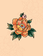 Chinese style flower tattoo peony greeting card