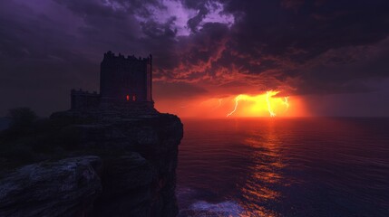 Fototapeta premium Stormy sunset over a clifftop castle.