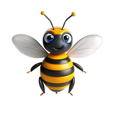 This is a cheerful 3D cartoon bee with black and yellow stripes, big blue eyes, and transparent wings, looking friendly and animated.