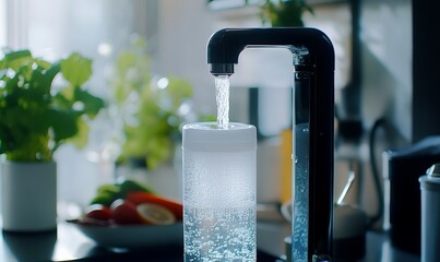 The theme of the generative AI is a water filtration system for home use, providing drinkable soft liquid