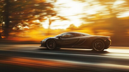 Obraz premium Fast sports car driving on road at sunset.