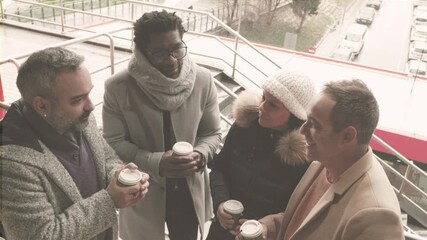 share lFriends aughter over coffee on a rainy street, a diverse group enjoying lively conversation - Powered by Adobe