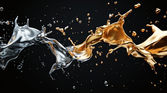 Abstract silver and gold liquid splash on black background.
