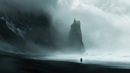 Solitary figure on a misty beach with dramatic cliffs.
