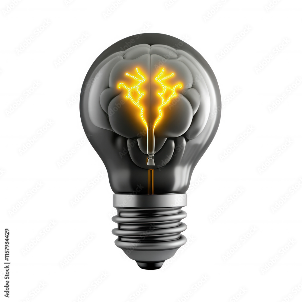 Poster a creative 3d model depicting a light bulb with a brain inside it, symbolizing ideas and intellect.