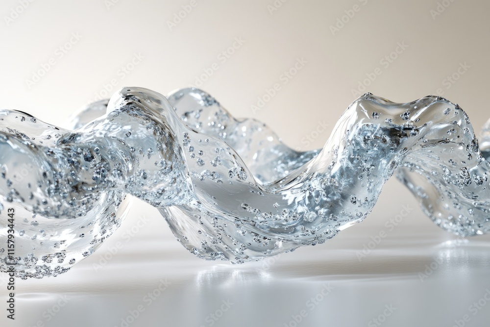 Poster a flowing wave of transparent liquid with visible bubbles, showcasing its texture and movement.