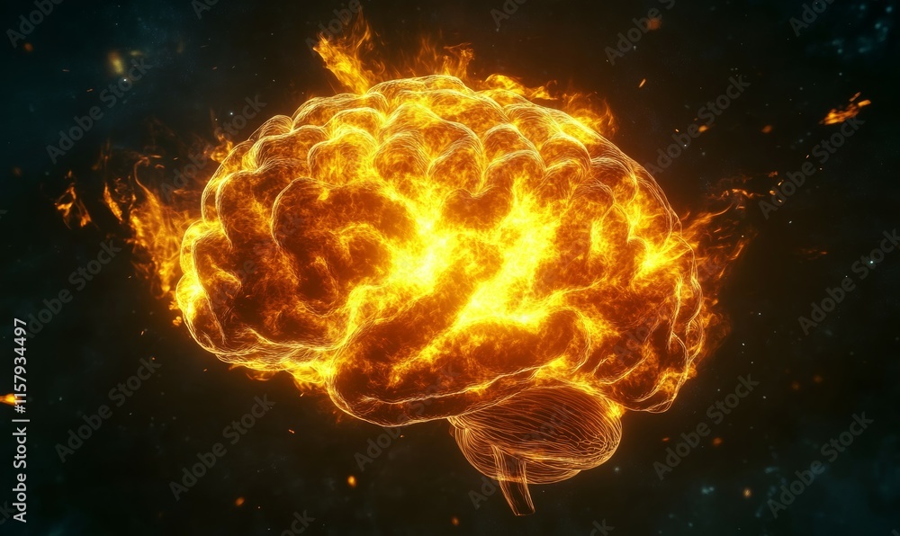 Poster this computer-generated image shows a brain burning on a black background with a yellow glow coming 