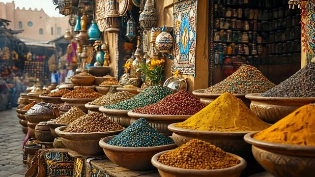 Vibrant Spices and Textures of a Moroccan Market