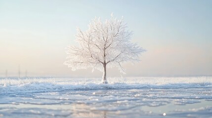 Frosty winter tree in snowy field.