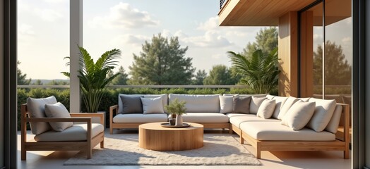 Fototapeta premium Wooden outdoor furniture on balcony with view of trees, sky. Cozy living area with comfy sofa set, armchairs. Relaxing patio space perfect for resort vacation. Modern design, natural elements create