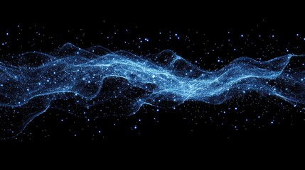 Abstract blue wave particle flow on black background.