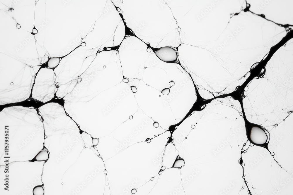 Poster abstract image of black liquid forming a complex network with bubbles on a white background.